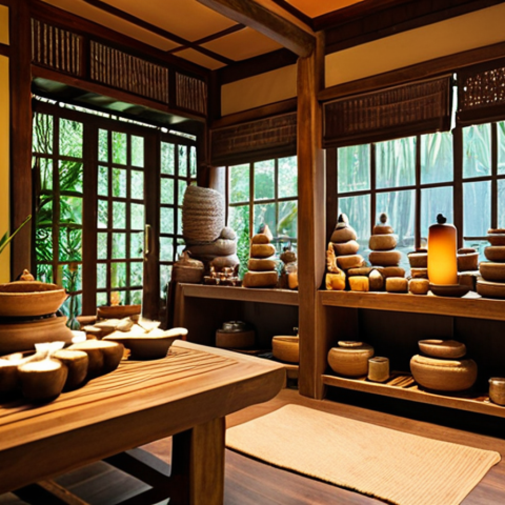 **

Cozy Thai herbal spa shop interior.  Soft lighting, natural wood elements, displays of traditional Thai herbs and aromatherapy products.  Aromatic steam gently swirling.  Sense of relaxation and well-being.  Focus on the inviting atmosphere created by scent.

**