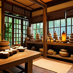 **

Cozy Thai herbal spa shop interior.  Soft lighting, natural wood elements, displays of traditional Thai herbs and aromatherapy products.  Aromatic steam gently swirling.  Sense of relaxation and well-being.  Focus on the inviting atmosphere created by scent.

**
