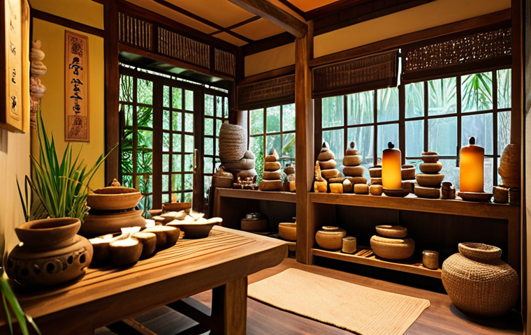 **

Cozy Thai herbal spa shop interior.  Soft lighting, natural wood elements, displays of traditional Thai herbs and aromatherapy products.  Aromatic steam gently swirling.  Sense of relaxation and well-being.  Focus on the inviting atmosphere created by scent.

**